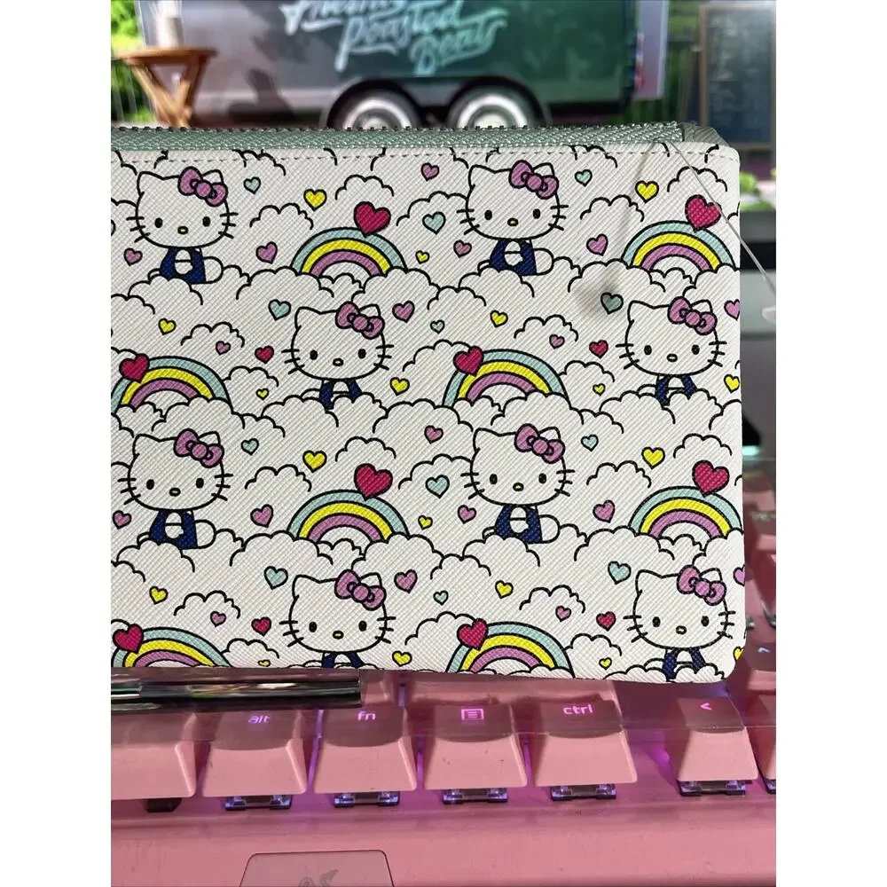 Hello Kitty Pencil Pouch Case Zipper Lined Rainbows Hearts White 2024 Sanrio